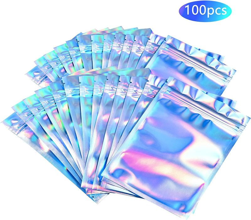 Photo 3 of 100 Pieces Resealable Smell Proof Bag 3.4x5.2 Various Size Mylar Bags Ziplock Bags Flat Clear Ziplock Storage Bags Holographic Rainbow Color