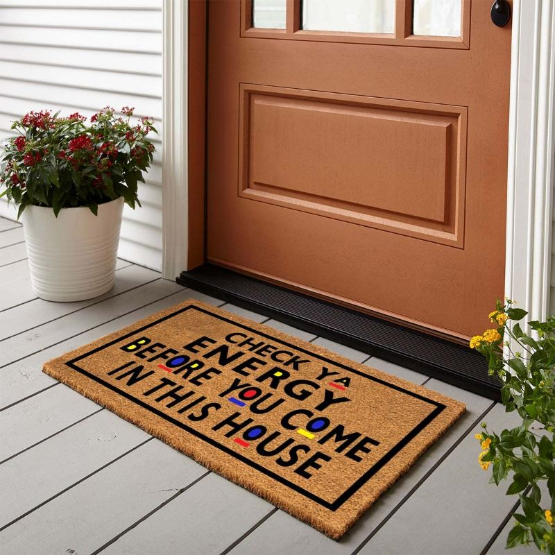 Photo 2 of Funny Coir Doormat Check Ya Energy Before You Come in This House Front Door Mat Entryway Outdoor Mat with Heavy Duty Front Porch Welcome Mats Entry Natural Coconut Brown Mat 23.6 x 15.7 Inch
