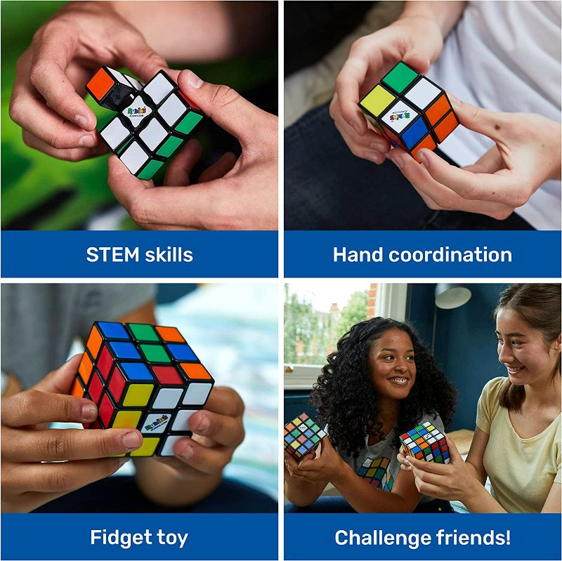 Photo 1 of Rubik’s Solve The Cube, 4-Pack Bundle Edge 2x2 Mini 3x3 Original 4x4 Master Brain Tease Toy Gift Set, for Adults & Kids Ages 8 and up Amazon Exclusive