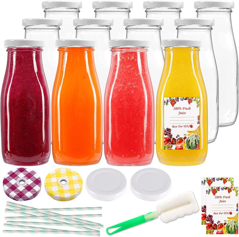 Photo 2 of SUPERLELE 12pcs 12oz Glass Juice Bottles, Reusable Glass Bottles with Caps and Straws, Glass Bottles for Juicing, Milk, Smoothie, Drinking and Other Beverages