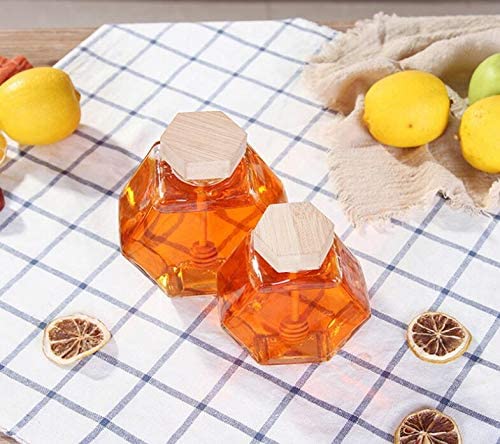 Photo 2 of Honey Jar Glass Hexagon Shape Honey Pot Container with Wooden Dipper and Cork Lid Cover Honey Syrup Beehive Storage for Home Kitchen,7 Oz