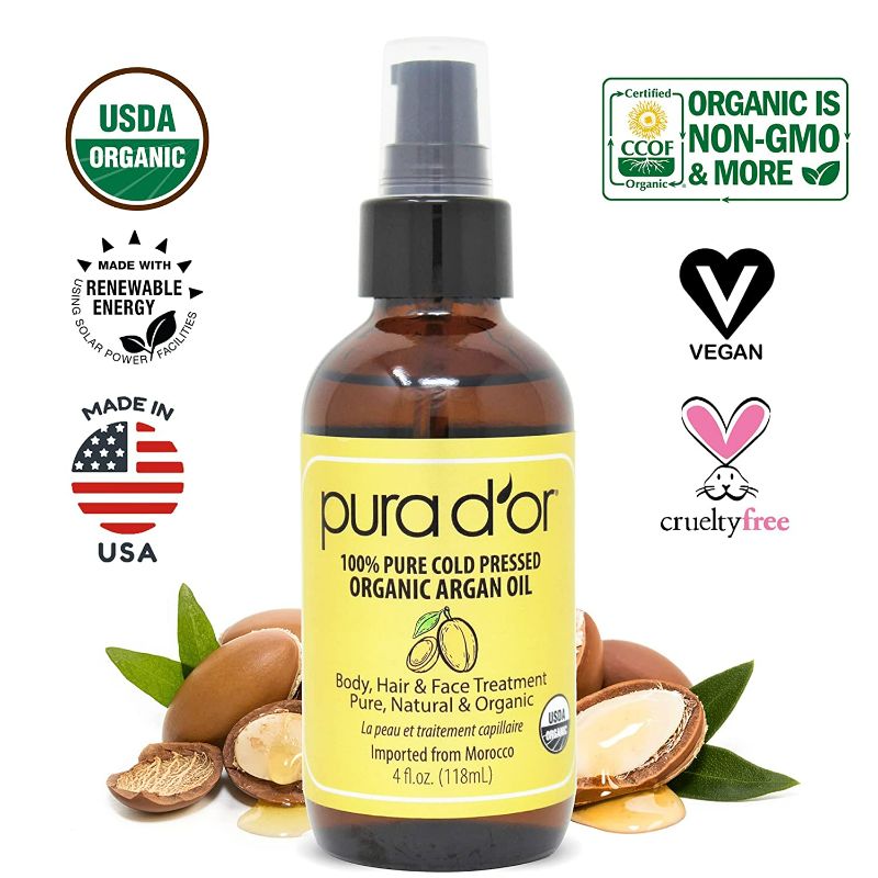 Photo 1 of PURA D'OR Organic Moroccan Argan Oil (4oz / 118mL) USDA Certified 100% Pure Cold Pressed Virgin Premium Grade Moisturizer Treatment for Dry, Damaged Skin, Hair, Face, Body, Scalp (Packaging may vary)