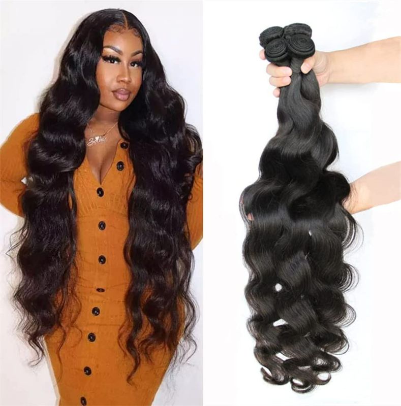 Photo 1 of Human Hair Bundles Body Wave 4 Bundles (30 28 26 24 inches) 10A Grade Brazilian Virgin 100% Unprocessed Human Hair Body Wavy Bundles Natural Black Weave Hair Extensions