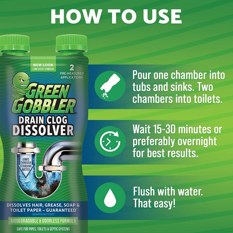 Photo 3 of Green Gobbler Drain Clog Dissolver, Drain Opener-Cleaner ,Toilet Clog Remover, 31 oz