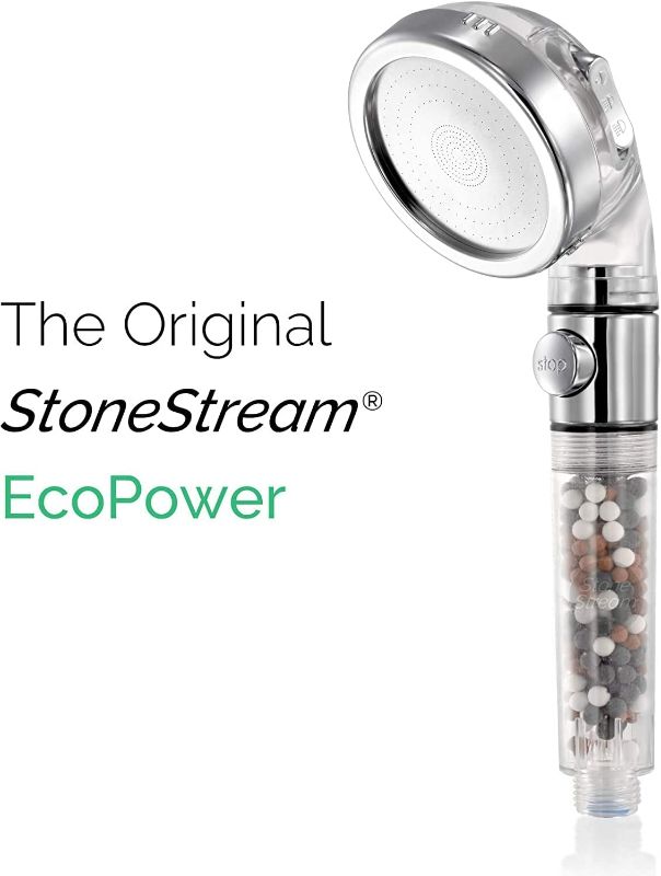 Photo 2 of Original StoneStream Shower Head, Eco Power High Pressure Water Softener Filtered Handheld Showerhead with Spa like Ionic beads for Dry Skin & Hair — 3 Spray Settings