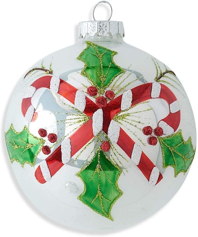 Photo 1 of K&K Interiors 52670A 4 Inch Round White Glass Ornament with Candy Canes and Holly