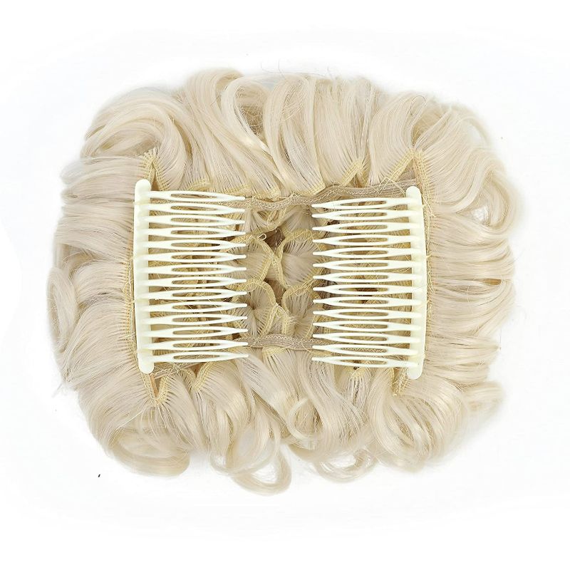 Photo 1 of SWACC Short Messy Curly Dish Hair Bun Extension Easy Stretch hair Combs Clip in Ponytail Extension Scrunchie Chignon Tray Ponytail Hairpieces (Platinum Blonde-60#)
