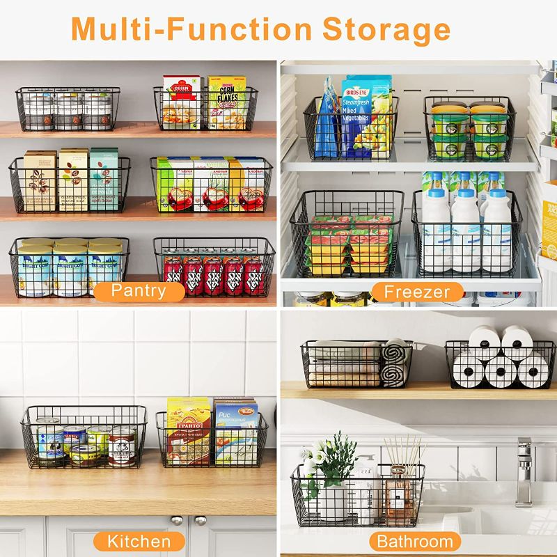 Photo 2 of Wire Storage Baskets, iSPECLE 4 Pack Large Metal Wire Baskets Pantry Organization and Storage with Handles, Freezer Organizer Bins for Pantry Kitchen Shelf Laundry Cabinets Garage, Black