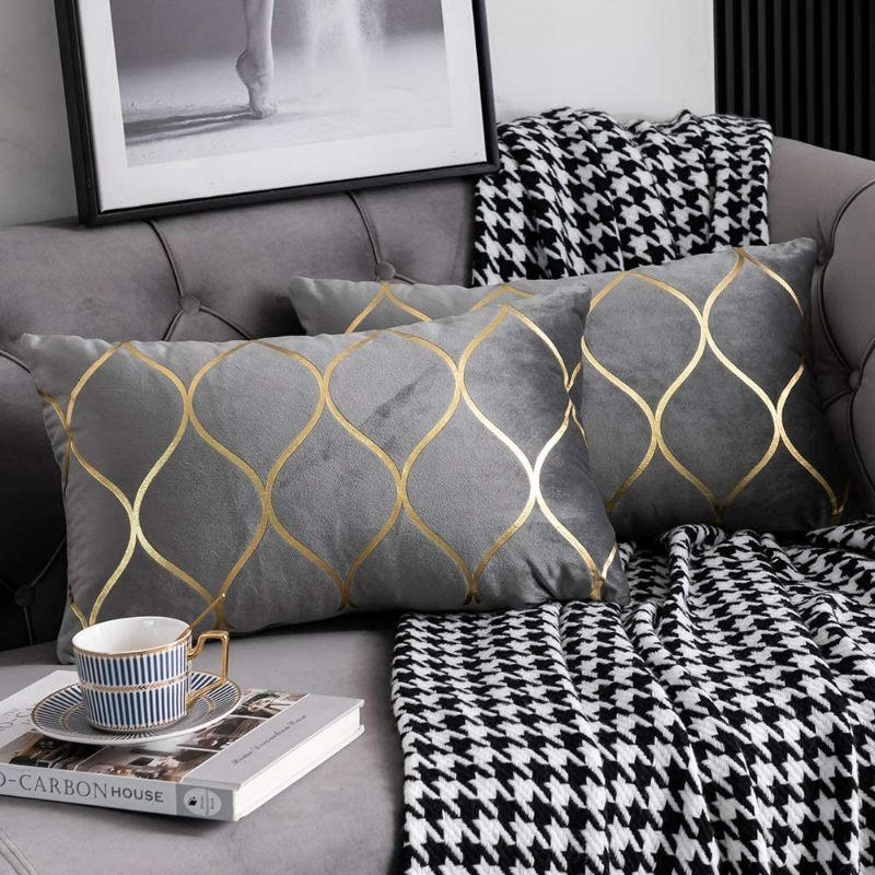Photo 1 of DEZENE Gold Velvet Throw Pillow Covers: 2 Pack 12x20 Inch Rectangular Decorative Pillow Cases for Bedroom Sofa Couch Living Room, Light Grey
