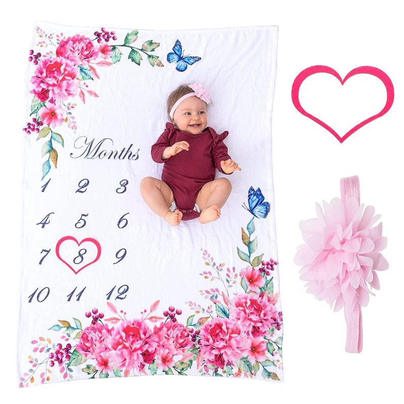 Photo 1 of Bliss n' Baby Milestone Blanket for Baby Girl - Perfect Baby Age Blanket with Growth Chart Blanket - New Moms Set, Wrinkle Free, Washable, Dryable, Red Heart Wreath & Pink Headband- 54"x40"