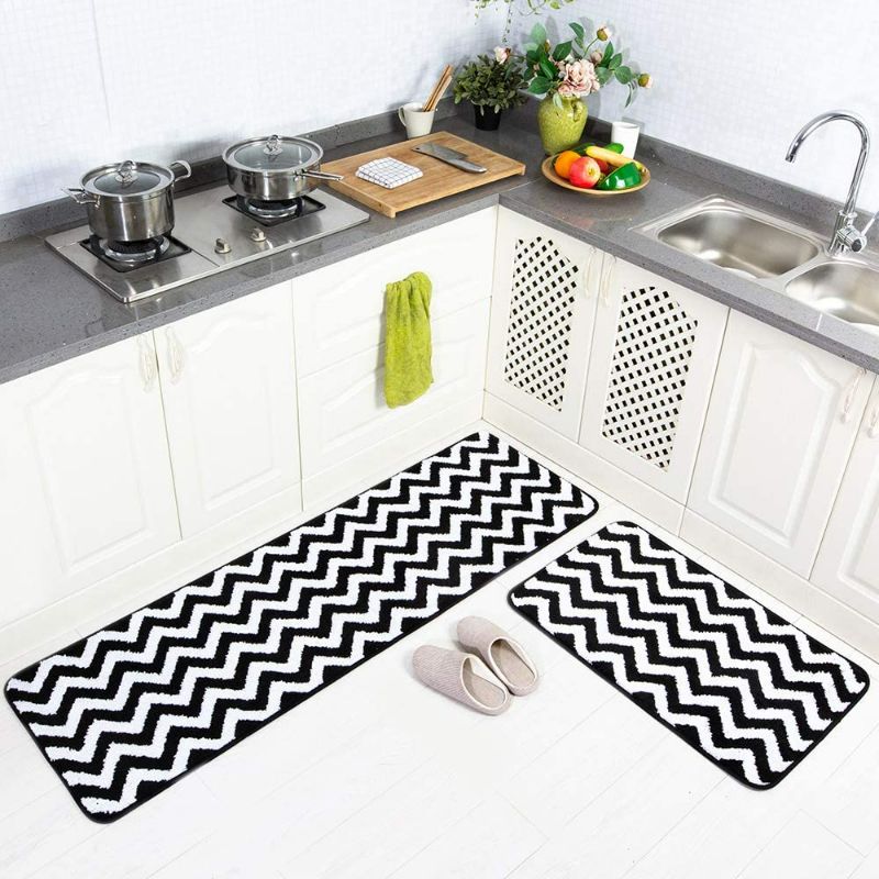 Photo 1 of Carvapet 2 Pieces Microfiber Chevron Non-Slip Soft Kitchen Mat Bathroom Rug Set Water Absorbent Bath Runner Carpet Set, 20"x63"+20"x31", Black