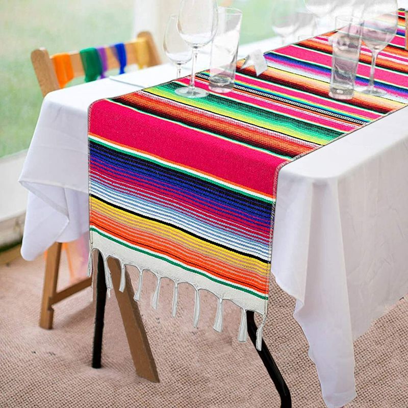 Photo 1 of Fowecelt Mexican Serape Table Runner 14 x 84 Inch for Mexican Party Wedding Decorations Outdoor Picnics Dining Table, Fringe Cotton Table Runners