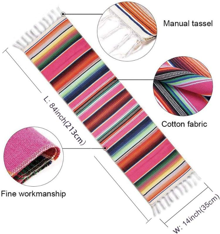 Photo 1 of Fowecelt Mexican Serape Table Runner 14 x 84 Inch for Mexican Party Wedding Decorations Outdoor Picnics Dining Table, Fringe Cotton Table Runners