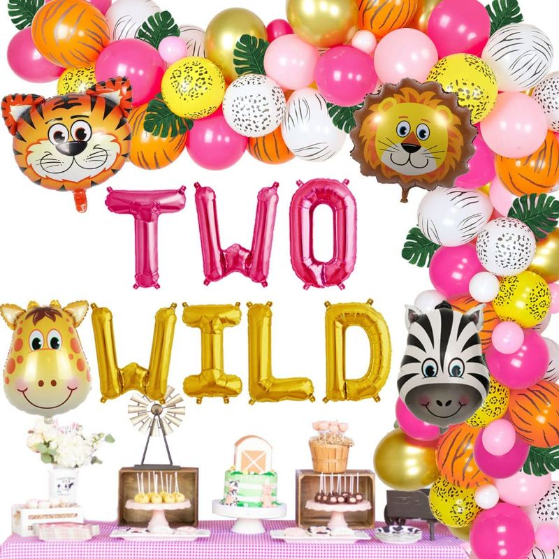 Photo 1 of Jungle Theme 2nd Birthday Party Supplies for Girls - Two Wild Birthday Decorations 80 Packs Safari Balloon Garland Arch Kit Pink Rose Red with Green Artificial Palm Leaves