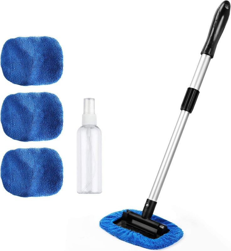 Photo 1 of AstroAI Windshield Cleaner, Microfiber Car window cleaner with 4 Reusable and Washable Microfiber Pads and Extendable Handle Auto Inside Glass Wiper Kit, Blue