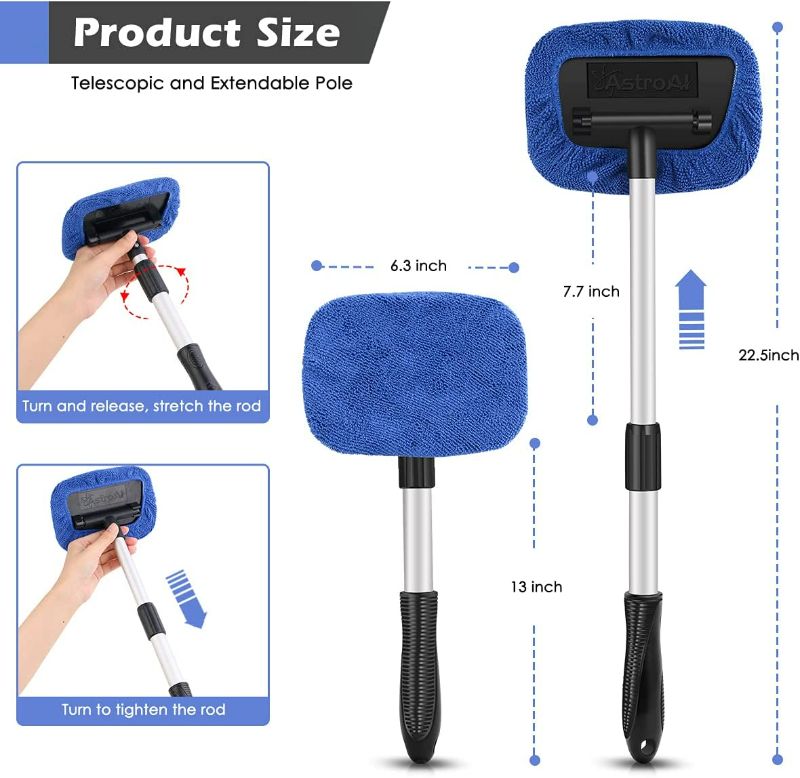 Photo 2 of AstroAI Windshield Cleaner, Microfiber Car window cleaner with 4 Reusable and Washable Microfiber Pads and Extendable Handle Auto Inside Glass Wiper Kit, Blue