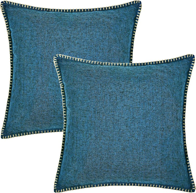 Photo 1 of decorUhome Decorative Throw Pillow Covers 18x18 Set of 2, Square Linen Farmhouse Pillow Covers with Stitched Edge, Rustic Pillow Covers for Couch, Sofa, Living Room, Teal