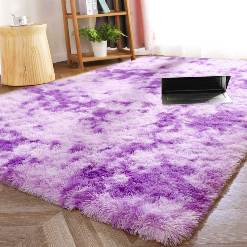 Photo 1 of ISEAU Soft Shag Area Rug Modern Indoor Fluffy Rugs, Ultra Comfy Abstract Shaggy Fur Living Room Carpets, Suitable as Bedroom Nursery Rug for Girls and Kids Home Decor, 5ft x 8ft, Purple