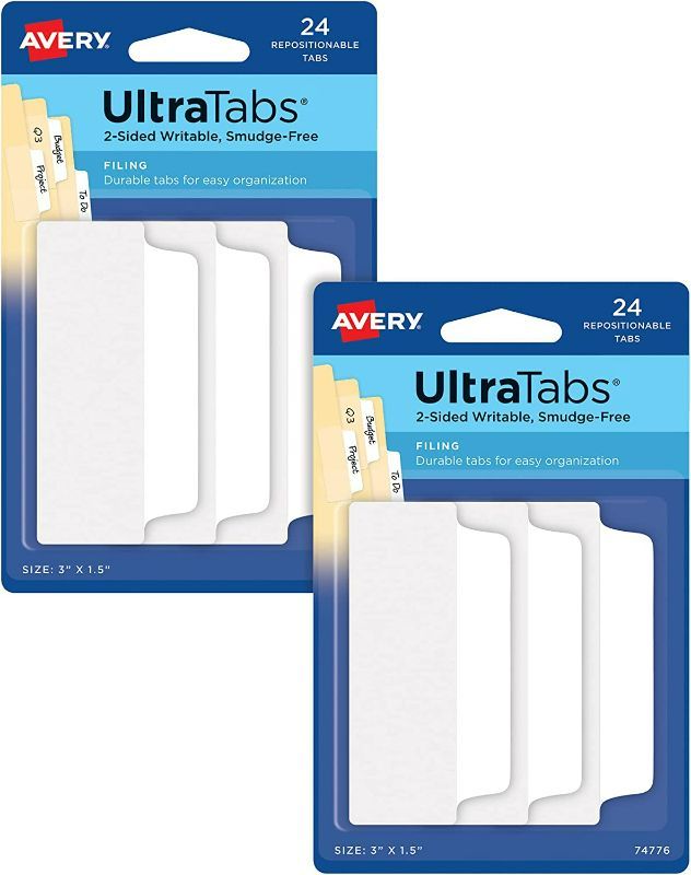 Photo 1 of (2 pack) Avery Ultra Tabs , 3" x 1.5", White, 24 Repositionable Filing Tabs