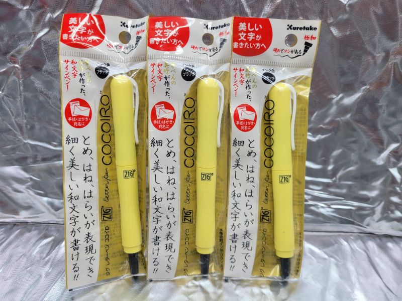 Photo 3 of (3 pack) Kuretake ZIG Letter pen COCOIRO (Lemon) with Hard Brush tip, Black ink, Refillable