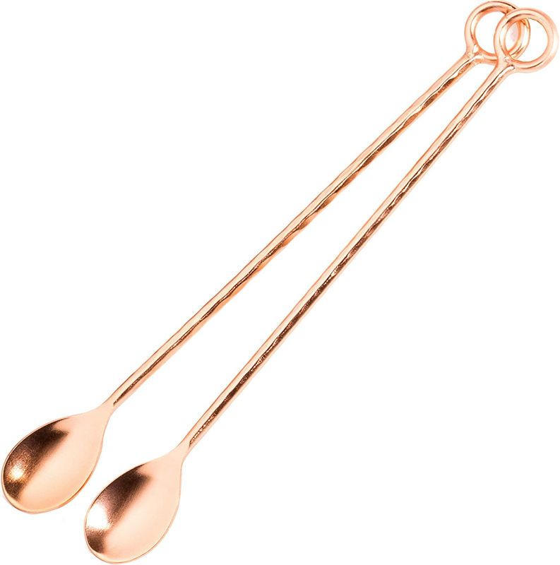 Photo 1 of Copper mixing spoons set of 2 - copper plated stainless steel bar spoons with elegant ring on top. - Copper stirring spoon for Moscow mules