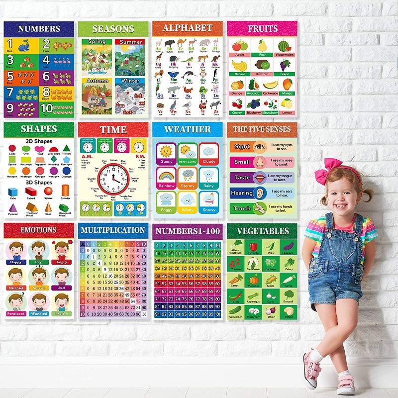 Photo 3 of Educational Preschool Poster for Toddler and Kid with Glue Point Dot for Nursery Homeschool Kindergarten Classroom-Teach ABC Poster,Numbers,Time,Shapes and More 16 x 11 Inch (12 Pieces)…
