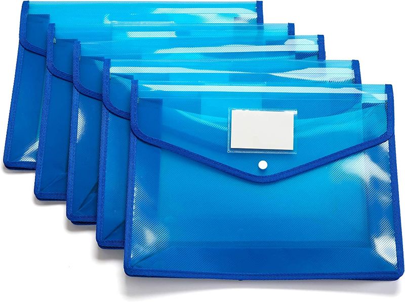 Photo 1 of Plastic Wallet Folder Envelope Poly Envelope Expandable File Wallet Document Folder with Snap Button Closure, Legal Size, 5 Pack Large Waterproof Accordion File Pouch (Blue)