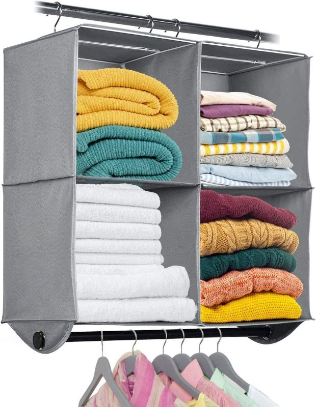 Photo 2 of HOLDNrsquo STORAGE Hanging Closet Organizer with Garment Rod - 4 Section Heavy Duty Fabric Space Saver for Closets, Easy to Mount, Foldable Closet