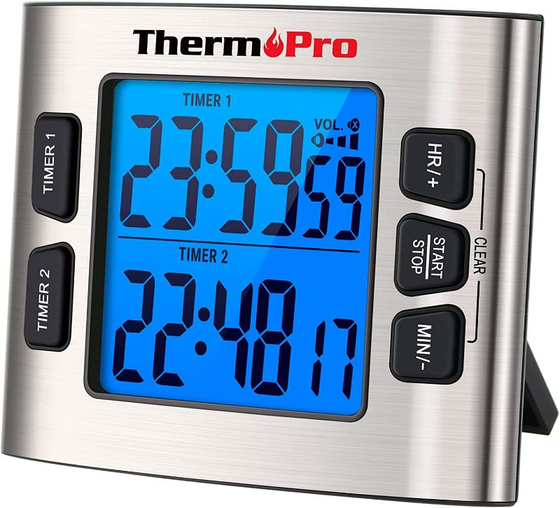 Photo 1 of ThermoPro TM02 Digital Kitchen Timer with Dual Countdown Stop Watches Timer/Magnetic Timer Clock with Adjustable Loud Alarm and Backlight LCD Big Digits/ 24 Hour Digital Timer for Kids Teachers