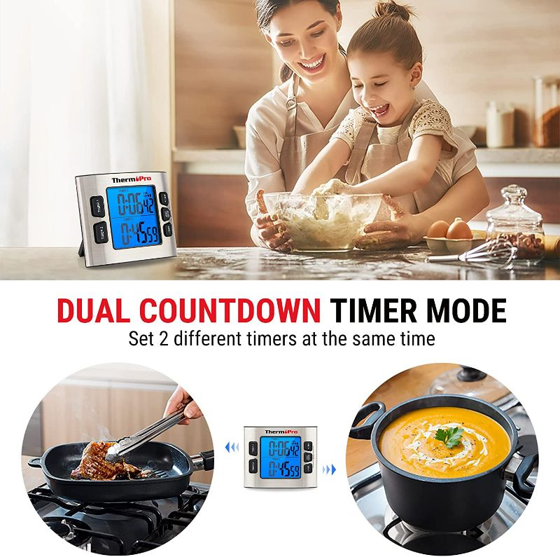 Photo 2 of ThermoPro TM02 Digital Kitchen Timer with Dual Countdown Stop Watches Timer/Magnetic Timer Clock with Adjustable Loud Alarm and Backlight LCD Big Digits/ 24 Hour Digital Timer for Kids Teachers