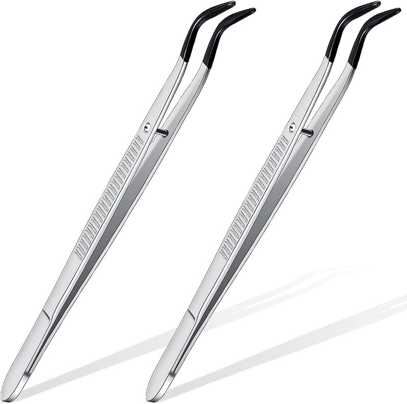 Photo 1 of (2 pack) 2 Pieces Rubber Bent Tip Tweezers PVC Rubber Coated Soft Non Marring Curved Tweezers Lab Industrial Hobby Craft Jewelry Hobby Coin Stamp Tweezers Tools (Silver, Black)