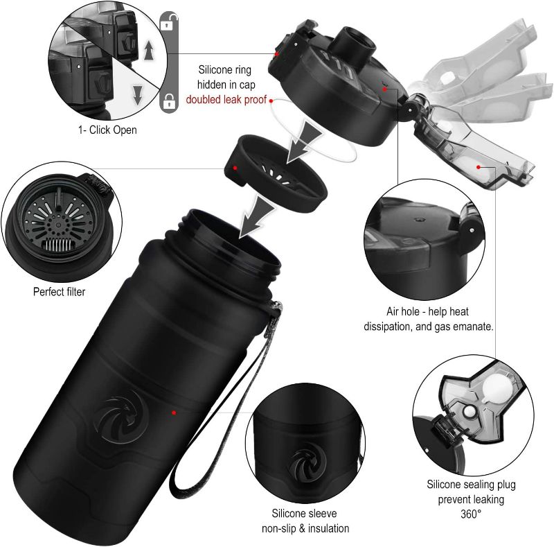 Photo 3 of Black ZORRI Sports Water Bottle, 400ml-14oz, BPA Free Leak Proof Tritan Lightweight Bottles for Outdoors,Camping,Cycling,Fitness,Gym,Yoga- Kids/ Adults Drink Bottles with Filter, Lockable Pop Open Lid