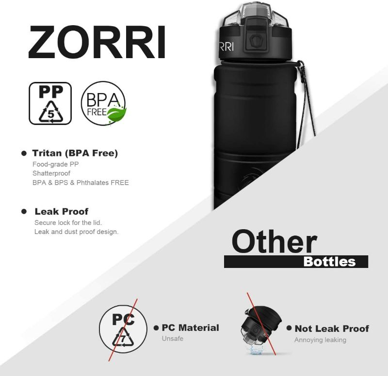 Photo 2 of Black ZORRI Sports Water Bottle, 400ml-14oz, BPA Free Leak Proof Tritan Lightweight Bottles for Outdoors,Camping,Cycling,Fitness,Gym,Yoga- Kids/ Adults Drink Bottles with Filter, Lockable Pop Open Lid