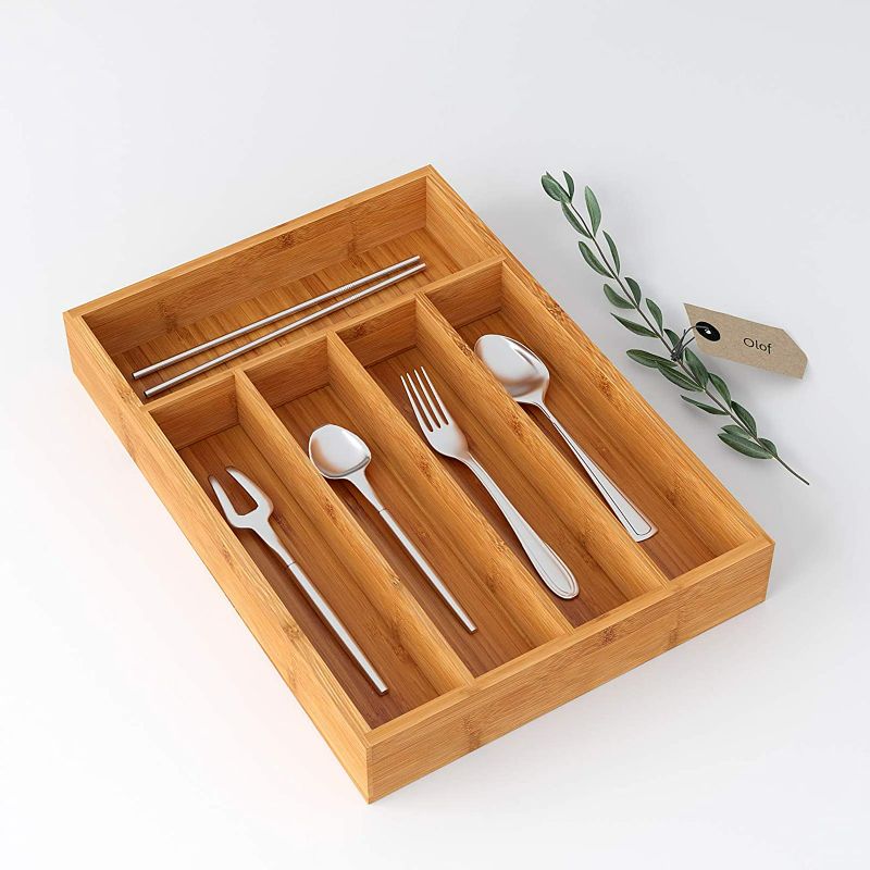 Photo 1 of BAMEOS Drawer Organizer Bamboo Silverware Holder,Expandable Cutlery Tray Flatware and Utensil Organizer for Knife Spoon Tool Kitchen Garage
