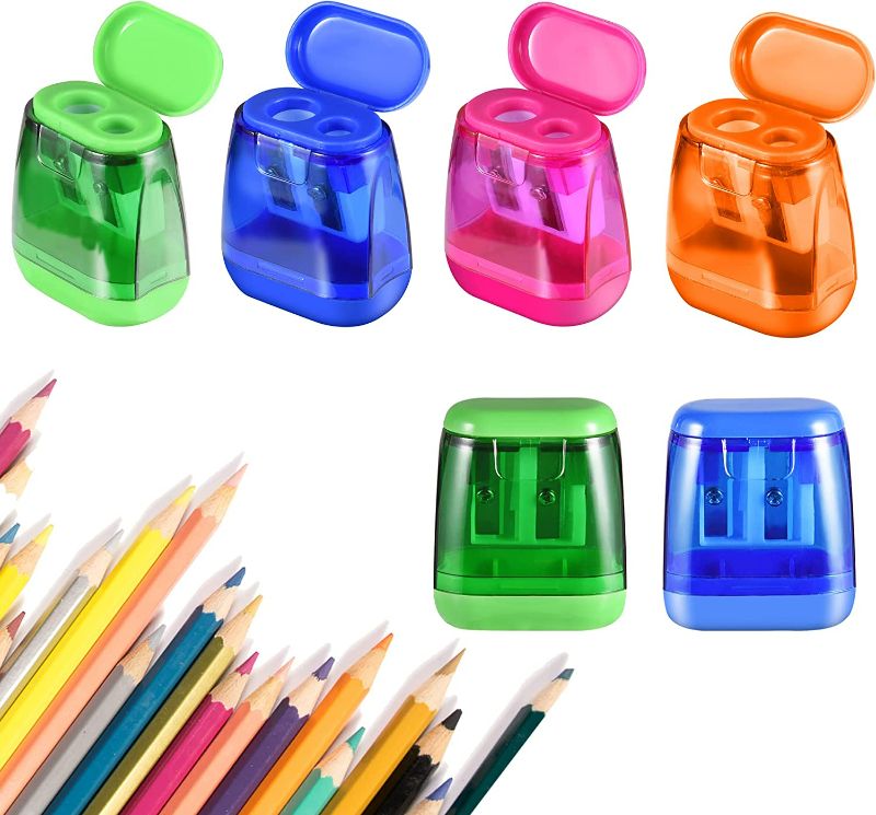Photo 1 of Pencil Sharpeners, Manual Pencil Sharpener, 6PCS Dual Holes Handheld Pencil Sharpeners with Lid for Kids Adults School Office Home Supply Colorful