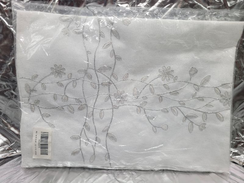 Photo 2 of White Tablecloth 34"x34" ,Embroidered White Fabric with Silver Thread Fancy Flower Dresser Scarf Table Topper For Wedding Holiday Festival Family Party Table Decoration (34"x34", White&Silver)