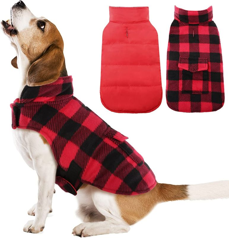 Photo 1 of Kuoser Cozy Dog Winter Coat, Windproof Dog Jacket British Style Plaid Cold Weather Dog Coat Reversible Warm Dog Vest for Small Medium Large Dogs Red XS
