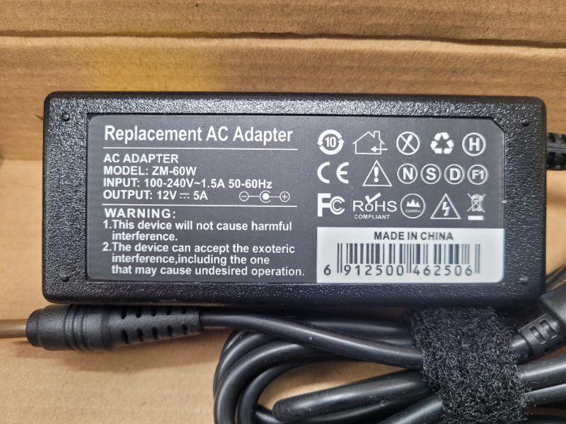 Photo 3 of Replacement Laptop AC Adapter Power Supply Charger+Cord Model: ZM-60W, Input: 100-240V~ 1.5A 50-60Hz, Output: 12V-5A