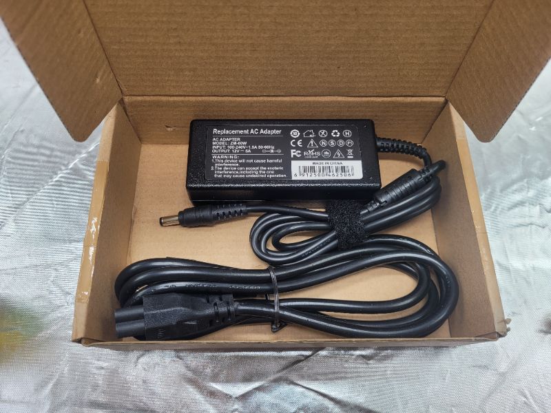 Photo 1 of Replacement Laptop AC Adapter Power Supply Charger+Cord Model: ZM-60W, Input: 100-240V~ 1.5A 50-60Hz, Output: 12V-5A