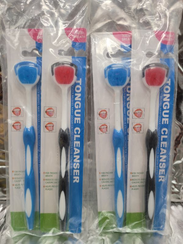 Photo 2 of (2 packs of 2) Tongue Brush, Tongue Scraper, Tongue Cleaner Helps Fight Bad Breath, Professional Tongue Brush for Freshing Breath, 2 Tongue Scrapers (Black + Blue)