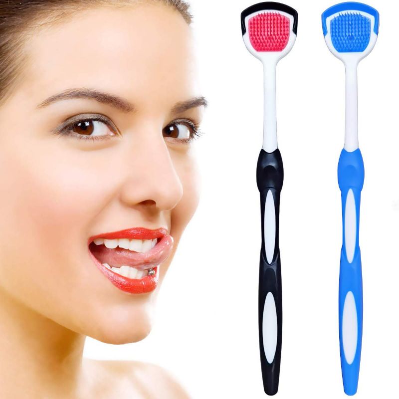 Photo 1 of (2 packs of 2) Tongue Brush, Tongue Scraper, Tongue Cleaner Helps Fight Bad Breath, Professional Tongue Brush for Freshing Breath, 2 Tongue Scrapers (Black + Blue)