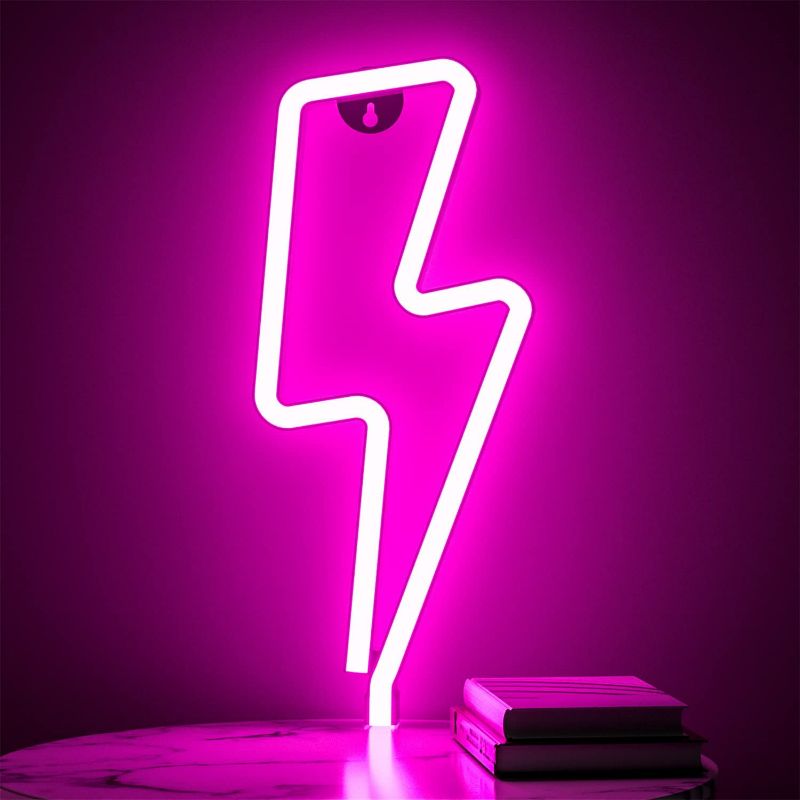 Photo 1 of XIYUNTE Neon Sign Lightning Neon Light Sign for Wall Decor, Battery or USB Powered Led Lightning Light Pink Neon Signs for Bedroom, Kids Room, Living Room, Bar, Party, Christmas, Wedding