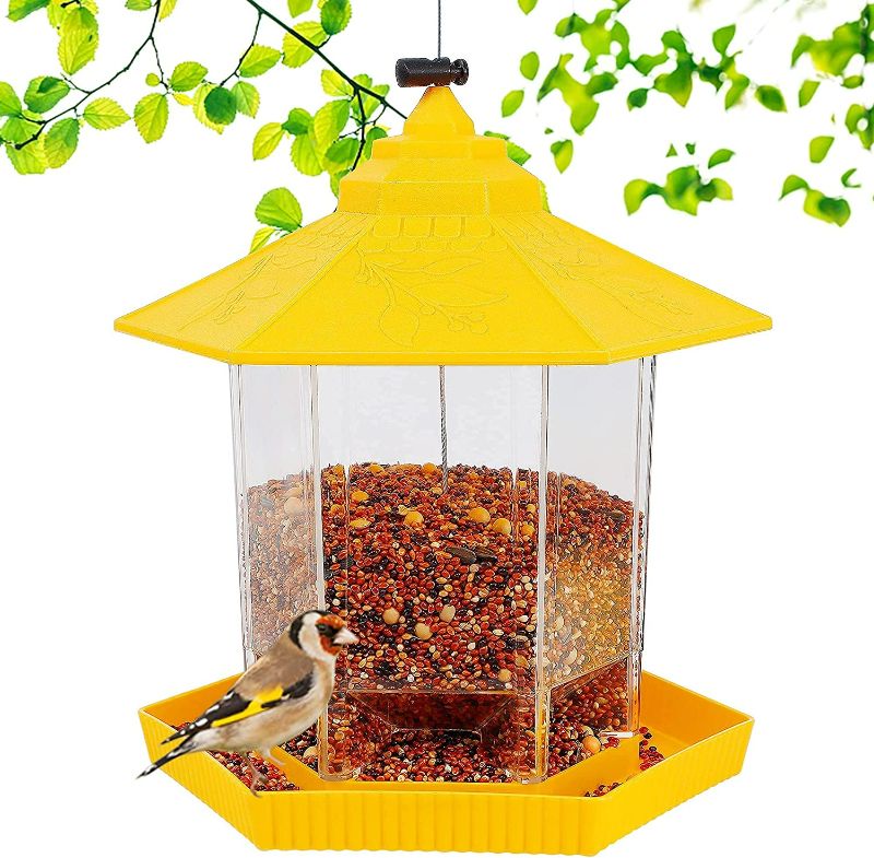 Photo 1 of Twinkle Star Wild Bird Feeder, Outdoor Hanging for Garden Yard Decoration, Panorama Gazebo Birdfeeder, Hexagon Shaped with Roof, Yellow