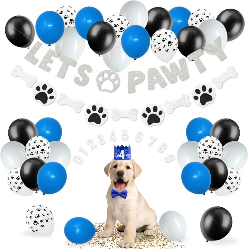 Photo 1 of 44 Pack Lets Pawty Puppy Boys Birthday Favors?Pet Adoption Party Supplies Kits Silver Glitter Banner Paws Print Balloons Blue Hat Bow Tie Doggie Bone Photo Props Ideas Woof Ruff Decoration