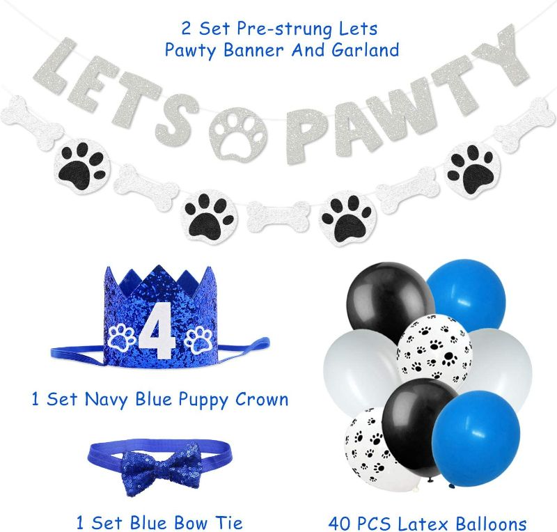 Photo 2 of 44 Pack Lets Pawty Puppy Boys Birthday Favors?Pet Adoption Party Supplies Kits Silver Glitter Banner Paws Print Balloons Blue Hat Bow Tie Doggie Bone Photo Props Ideas Woof Ruff Decoration