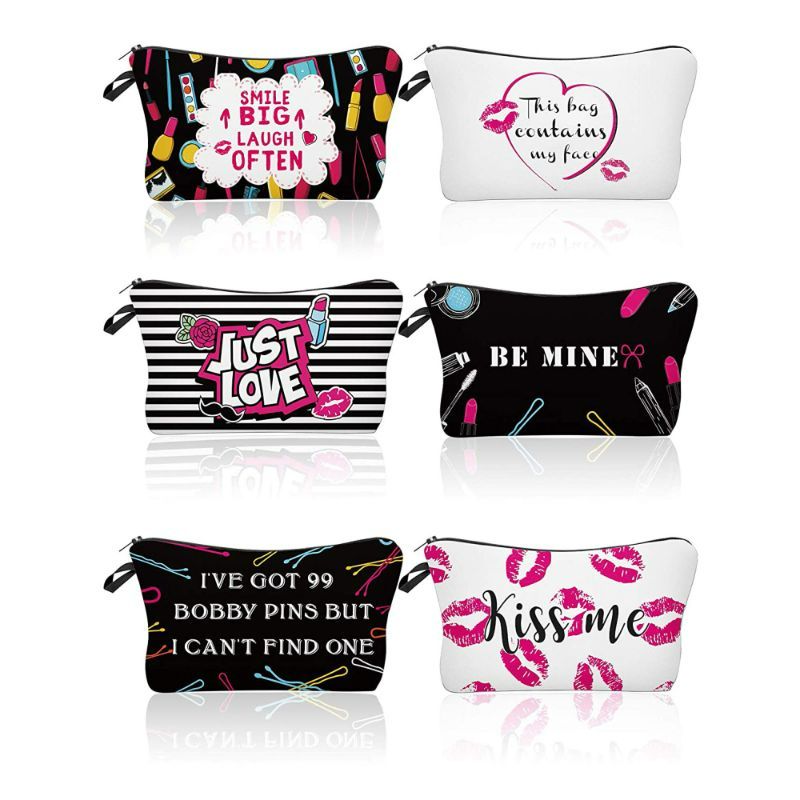 Photo 1 of 6 Pieces Makeup Bags Cosmetic Bags Cartoon Letters Printed Toiletry Travelling Bags for Valentine's Day (Letters Design)