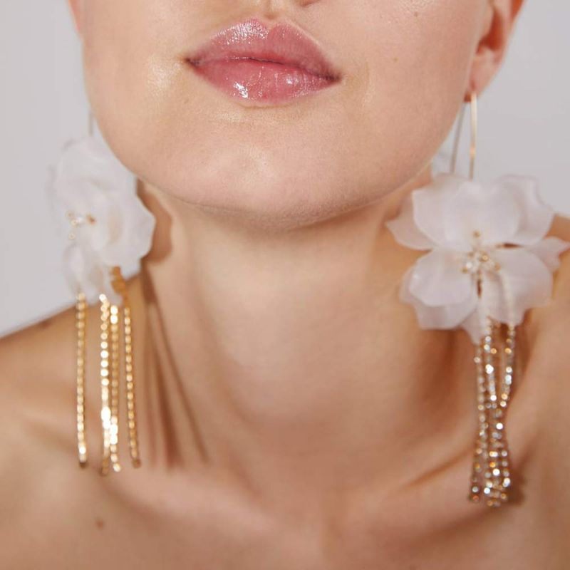 Photo 1 of (2 pack) Doubnine Flower Lily Earrings Rhinestone Crystal Dangle Long Drop Women Wedding Accessories