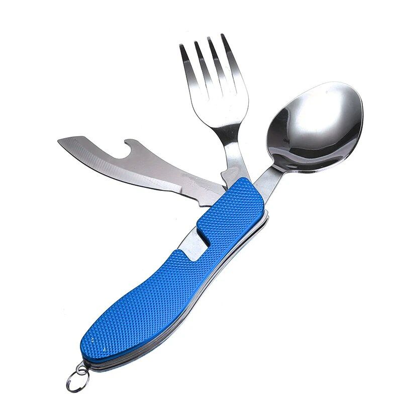 Photo 2 of For Hiking Survival Travel 4 in 1 Outdoor Tableware Set Fork / Spoon / Knife / Bottle Opener Stainless Steel Folding Pocket Kits
