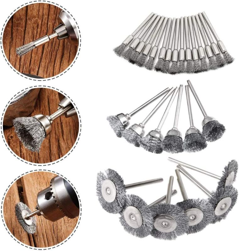 Photo 3 of Mesee 45Pcs Steel Wire Brushes Wheels Set with 1/8" Shank Polishing Wire Wheel Cup Pen Brush Accessories Kit Fit Rotary Tool for Buffing Cleaning Grinding Removal Rust Corrosion Paint