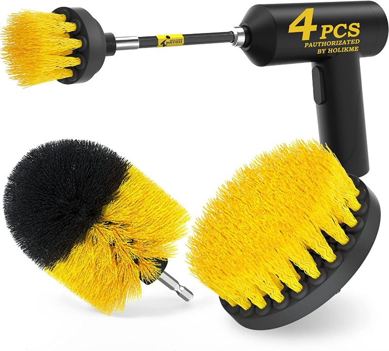 Photo 2 of Holikme 4Pack Drill Brush Power Scrubber Cleaning Brush Extended Long Attachment Set All Purpose Drill Scrub Brushes Kit for Grout, Floor, Tub, Shower, Tile, Bathroom and Kitchen Surface?Yellow 